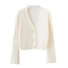 Load image into Gallery viewer, 2020 Cardigan Autumn Long Flare Sleeve Short  Sweater Women Ribbed Knitted Cotton Tops Black White Ladies Soft Outwear Female
