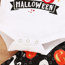 Load image into Gallery viewer, Baby Boy Girl Halloween Suit Set Pumkkin Print Round Neck Long Sleeve Baby Romper+ Trousers+ Headband 3 Pcs Outfit
