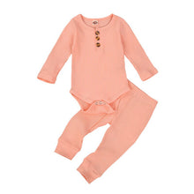 Load image into Gallery viewer, Baby Boys Girls 2PCS Outfit Button Long Sleeve Romper Jumpsuit Pants Solid Color Ribbed Autumn Winter Outfit 0-24M
