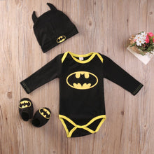 Load image into Gallery viewer, Batman Rompers Bodysuit Shoes Hat Costumes 3Pcs Jumpsuits Halloween Newborn Baby Boy Girl Clothes Summer Autumn Outfits Sets
