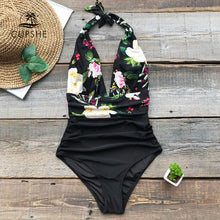 Load image into Gallery viewer, CUPSHE Navy Floral Deep V-neck Halter One-Piece Swimsuit Sexy Backless Lace Up Women Monokini 2020 Beach Bathing Suits Swimwear
