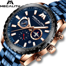 Load image into Gallery viewer, MEGALITH Sports Watches Men Aircraft Pointer Luminous Quartz Watch 30M Waterproof Blue Full Steel Military Wrist Watch With Box
