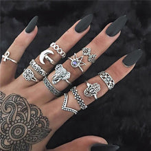 Load image into Gallery viewer, 15 Pcs/set Women Fashion Rings Hearts Fatima Hands Virgin Mary Cross Leaf Hollow Geometric Crystal Ring Set Wedding Jewelry
