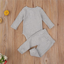 Load image into Gallery viewer, Baby Boys Girls 2PCS Outfit Button Long Sleeve Romper Jumpsuit Pants Solid Color Ribbed Autumn Winter Outfit 0-24M
