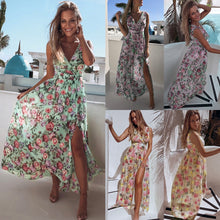 Load image into Gallery viewer, NEDEINS Women V Neck Split Dress Floral Print Long  Summer Spaghetti Strap Party Pink Chiffon Elegant Casual Maxi Dresses Beach
