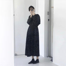 Load image into Gallery viewer, Women Dot Sprint Autumn Maxi Dress Pleated Long Sleeve Female Casual Loose  A line Ankle Length Vestidos
