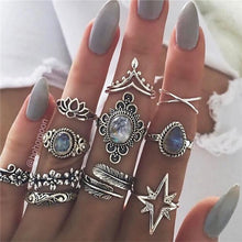Load image into Gallery viewer, 15 Pcs/set Women Fashion Rings Hearts Fatima Hands Virgin Mary Cross Leaf Hollow Geometric Crystal Ring Set Wedding Jewelry
