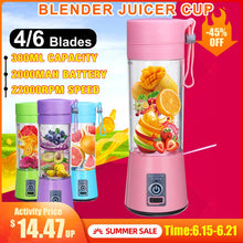 Load image into Gallery viewer, 380ml 4/6 Blades Portable Electric Fruit Juicer Home USB Rechargeable Smoothie Maker Blenders Machine Sports Bottle Juicing Cup
