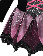 Load image into Gallery viewer, Kid Girls Halloween Witch Costume Sparkly Silver Stars Printed Carnival Cosplay Dress with Pointed Hat Wand Dress Up Clothes
