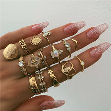 Load image into Gallery viewer, 15 Pcs/set Women Fashion Rings Hearts Fatima Hands Virgin Mary Cross Leaf Hollow Geometric Crystal Ring Set Wedding Jewelry
