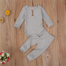 Load image into Gallery viewer, Baby Boys Girls 2PCS Outfit Button Long Sleeve Romper Jumpsuit Pants Solid Color Ribbed Autumn Winter Outfit 0-24M
