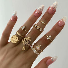Load image into Gallery viewer, 15 Pcs/set Women Fashion Rings Hearts Fatima Hands Virgin Mary Cross Leaf Hollow Geometric Crystal Ring Set Wedding Jewelry
