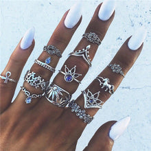 Load image into Gallery viewer, 15 Pcs/set Women Fashion Rings Hearts Fatima Hands Virgin Mary Cross Leaf Hollow Geometric Crystal Ring Set Wedding Jewelry
