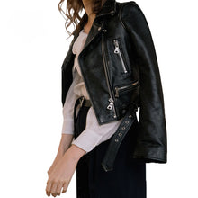 Load image into Gallery viewer, FTLZZ New Women Autumn Winter Black Faux Leather Jackets Zipper Basic Coat Turn-down Collar Motor Biker Jacket With Belt

