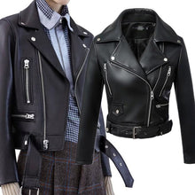 Load image into Gallery viewer, FTLZZ New Women Autumn Winter Black Faux Leather Jackets Zipper Basic Coat Turn-down Collar Motor Biker Jacket With Belt
