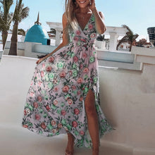 Load image into Gallery viewer, NEDEINS Women V Neck Split Dress Floral Print Long  Summer Spaghetti Strap Party Pink Chiffon Elegant Casual Maxi Dresses Beach
