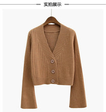 Load image into Gallery viewer, 2020 Cardigan Autumn Long Flare Sleeve Short  Sweater Women Ribbed Knitted Cotton Tops Black White Ladies Soft Outwear Female
