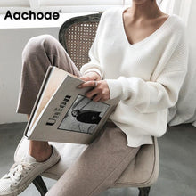 Load image into Gallery viewer, Aachoae Womens Sweaters 2020 Autumn Winter Casual V Neck Women Pullover Sweater Solid Long Sleeve Loose Knitted Cashmere Top
