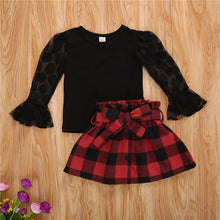 Load image into Gallery viewer, 1-6Y Fashion Children Girls Clothing Sets Autumn Kids Girls Lace Mesh Flare Sleeve T-shirts+Plaid A-line Skirts Xmas Clothes
