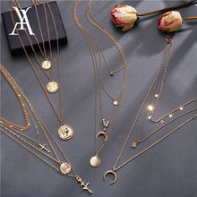 Load image into Gallery viewer, Bohemian Multi Layered Necklace for Women Vintage Portrait Coin Star Moon Pendant Necklace Geometric Collier Collares
