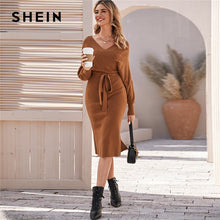 Load image into Gallery viewer, SHEIN Brown V Neck Cut Out Back Sweater Dress With Belt Women Spring Batwing Sleeve Solid WraP Front Stretchy Elegant Dresses
