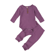 Load image into Gallery viewer, Baby Boys Girls 2PCS Outfit Button Long Sleeve Romper Jumpsuit Pants Solid Color Ribbed Autumn Winter Outfit 0-24M

