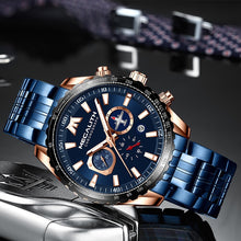 Load image into Gallery viewer, MEGALITH Sports Watches Men Aircraft Pointer Luminous Quartz Watch 30M Waterproof Blue Full Steel Military Wrist Watch With Box
