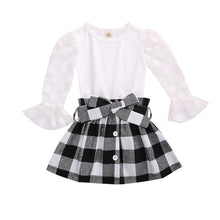 Load image into Gallery viewer, 1-6Y Fashion Children Girls Clothing Sets Autumn Kids Girls Lace Mesh Flare Sleeve T-shirts+Plaid A-line Skirts Xmas Clothes
