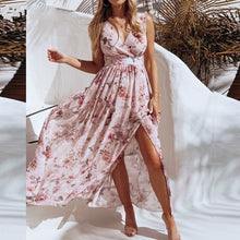 Load image into Gallery viewer, NEDEINS Women V Neck Split Dress Floral Print Long  Summer Spaghetti Strap Party Pink Chiffon Elegant Casual Maxi Dresses Beach
