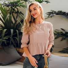 Load image into Gallery viewer, Simplee Ruffled lace embroidery women blouse shirt Elegant elastic sleeve female peplum top Summer casual ladies blouse shirt
