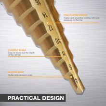 Load image into Gallery viewer, 3pc Hss step drill bit set cone hole cutter Taper metric 4 - 12 / 20mm 1 / 4 "titanium coated metal hex core drill bits
