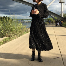 Load image into Gallery viewer, Women Dot Sprint Autumn Maxi Dress Pleated Long Sleeve Female Casual Loose  A line Ankle Length Vestidos (Black One Size)
