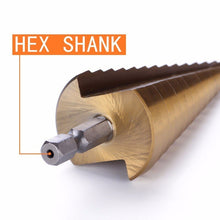 Load image into Gallery viewer, 3pc Hss step drill bit set cone hole cutter Taper metric 4 - 12 / 20mm 1 / 4 "titanium coated metal hex core drill bits
