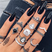Load image into Gallery viewer, 15 Pcs/set Women Fashion Rings Hearts Fatima Hands Virgin Mary Cross Leaf Hollow Geometric Crystal Ring Set Wedding Jewelry
