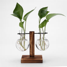Load image into Gallery viewer, Glass and Wood Vase Planter Terrarium Table Desktop Hydroponics Plant Bonsai Flower Pot Hanging Pots with Wooden Tray Home Decor
