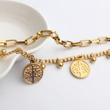 Load image into Gallery viewer, FINE4U B125 Stainless Steel Tree Owl Boy and Girl Charm Bracelet Double Layer Gold Figaro Chain Bracelets For Men Women
