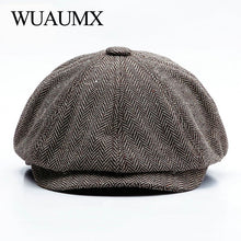 Load image into Gallery viewer, Wuaumx Unisex Autumn Winter Newsboy Caps Men And Women Warm Tweed Octagonal Hat For Male Detective Hats Retro Flat Caps chapeau

