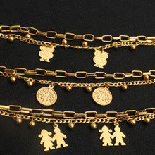 Load image into Gallery viewer, FINE4U B125 Stainless Steel Tree Owl Boy and Girl Charm Bracelet Double Layer Gold Figaro Chain Bracelets For Men Women

