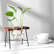 Load image into Gallery viewer, Glass and Wood Vase Planter Terrarium Table Desktop Hydroponics Plant Bonsai Flower Pot Hanging Pots with Wooden Tray Home Decor

