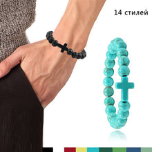 Load image into Gallery viewer, Charm Natural Stone Bracelet Cross Black Lava Matte Beaded Bracelets Handmade Men Women Prayer Fitness Chain Couple Jewelry Gift

