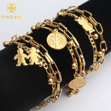 Load image into Gallery viewer, FINE4U B125 Stainless Steel Tree Owl Boy and Girl Charm Bracelet Double Layer Gold Figaro Chain Bracelets For Men Women
