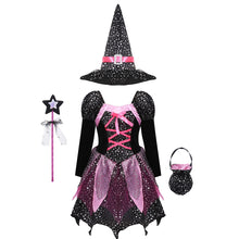 Load image into Gallery viewer, Kid Girls Halloween Witch Costume Sparkly Silver Stars Printed Carnival Cosplay Dress with Pointed Hat Wand Dress Up Clothes
