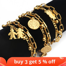 Load image into Gallery viewer, FINE4U B125 Stainless Steel Tree Owl Boy and Girl Charm Bracelet Double Layer Gold Figaro Chain Bracelets For Men Women
