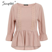 Load image into Gallery viewer, Simplee Ruffled lace embroidery women blouse shirt Elegant elastic sleeve female peplum top Summer casual ladies blouse shirt
