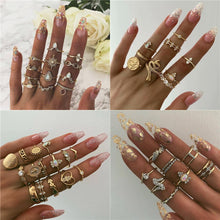 Load image into Gallery viewer, 15 Pcs/set Women Fashion Rings Hearts Fatima Hands Virgin Mary Cross Leaf Hollow Geometric Crystal Ring Set Wedding Jewelry
