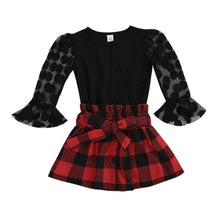 Load image into Gallery viewer, 1-6Y Fashion Children Girls Clothing Sets Autumn Kids Girls Lace Mesh Flare Sleeve T-shirts+Plaid A-line Skirts Xmas Clothes
