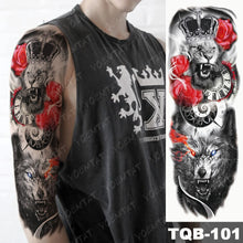 Load image into Gallery viewer, Large Arm Sleeve Tattoo Lion Crown King Rose Waterproof Temporary Tatoo Sticker Wild Wolf Tiger Men Full Skull Totem Tatto
