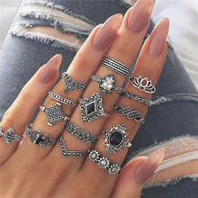 Load image into Gallery viewer, 15 Pcs/set Women Fashion Rings Hearts Fatima Hands Virgin Mary Cross Leaf Hollow Geometric Crystal Ring Set Wedding Jewelry
