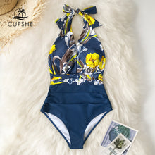 Load image into Gallery viewer, CUPSHE Navy Floral Deep V-neck Halter One-Piece Swimsuit Sexy Backless Lace Up Women Monokini 2020 Beach Bathing Suits Swimwear
