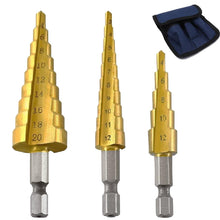 Load image into Gallery viewer, 3pc Hss step drill bit set cone hole cutter Taper metric 4 - 12 / 20mm 1 / 4 "titanium coated metal hex core drill bits
